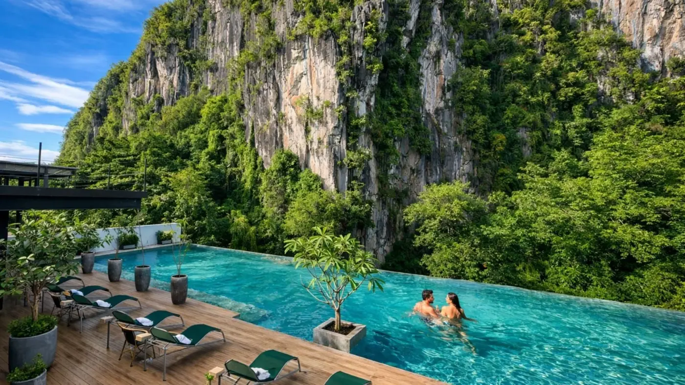 A. Cliff Kitchen rooftop pool and limestone cliffs at Amari by Vivere in El Nido
