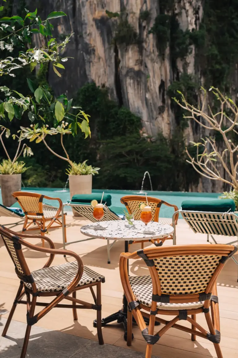 Rooftop pool at A. Cliff Kitchen, beside El Nido's limestone cliffs